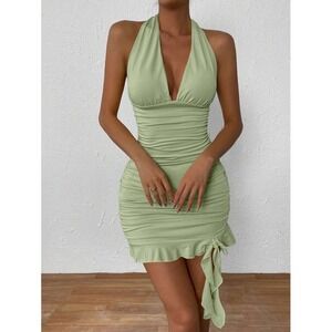 Halter Mini Fairy Dress Green Ruched Tie Ruffle Hem Sleeveless Mermaid XS